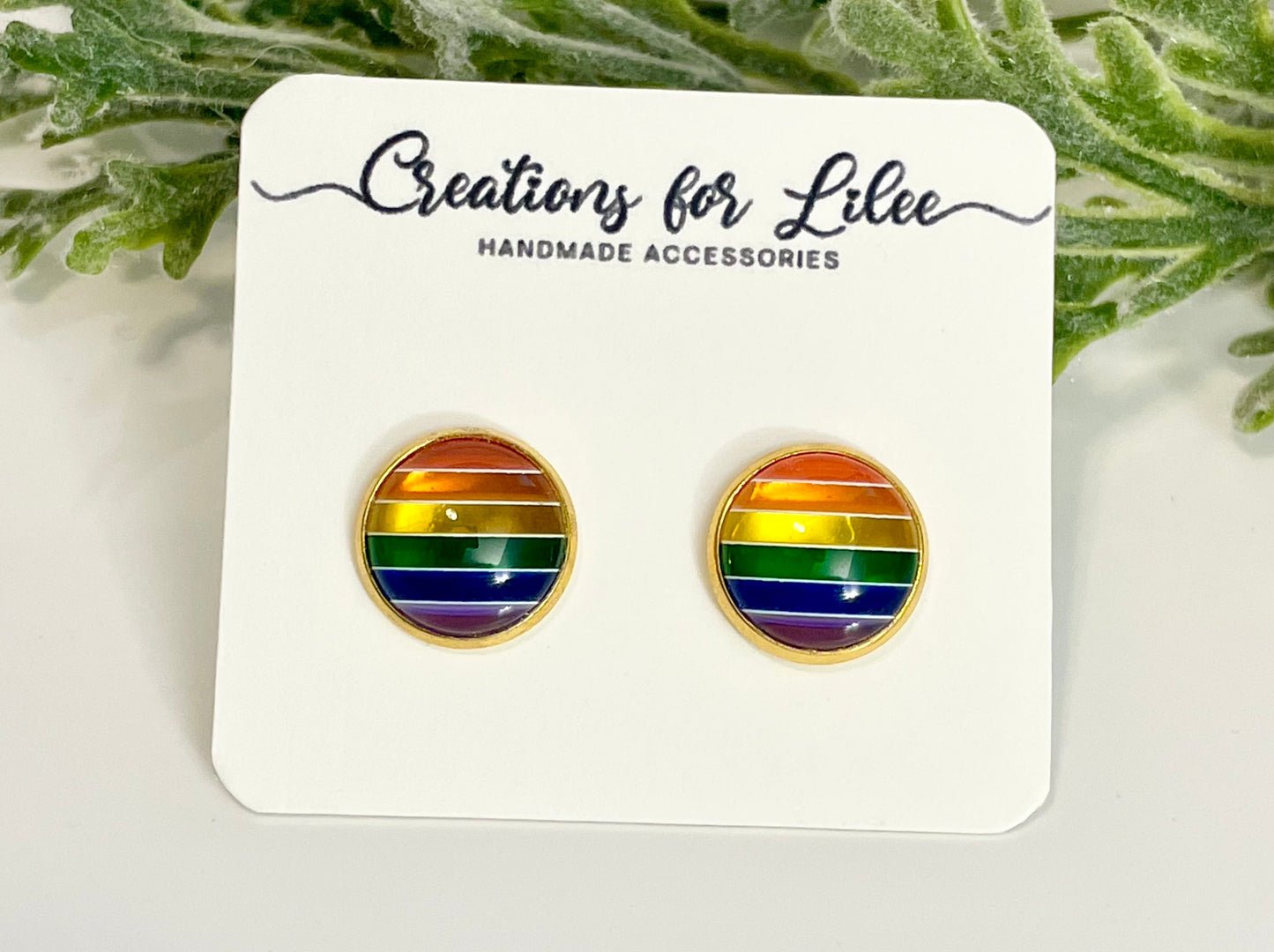 Glass Cabochon Stud Earrings - Rainbow