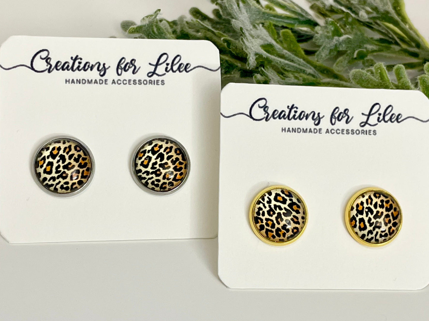 Glass Cabochon Stud Earrings - Leopard