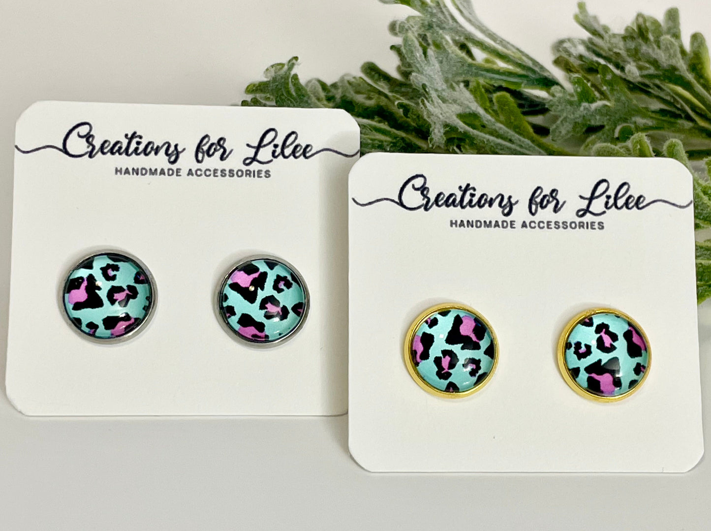 Glass Cabochon Stud Earrings - Teal with Pink Leopard