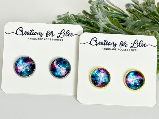 Glass Cabochon Stud Earrings - Galaxy