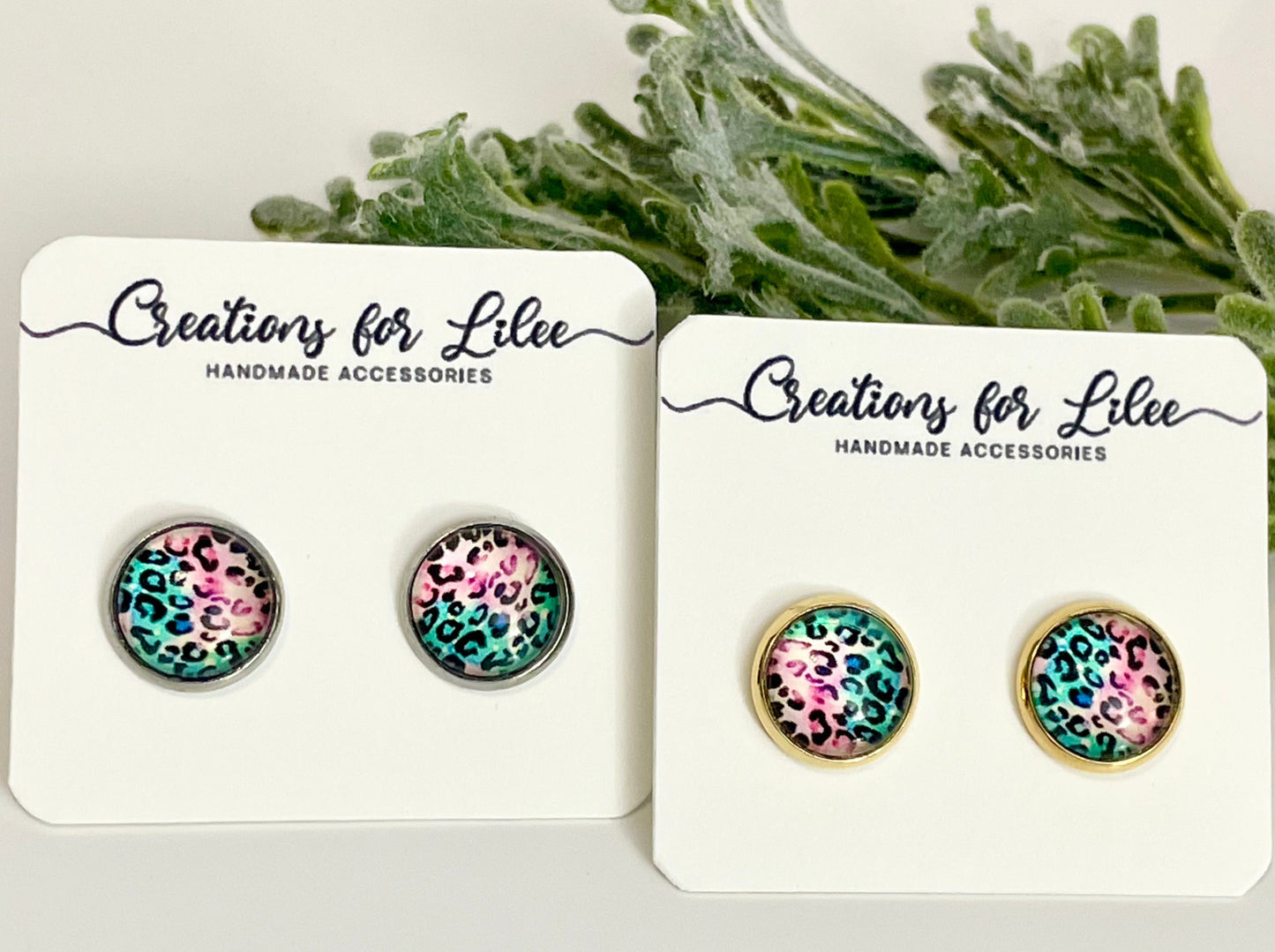 Glass Cabochon Stud Earrings - Pink & Teal Leopard