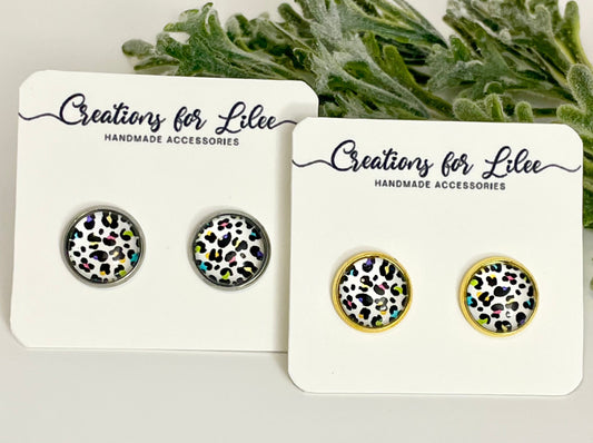 Glass Cabochon Stud Earrings - Colorful Leopard