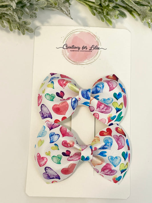 Pigtail Bows - Watercolor Hearts