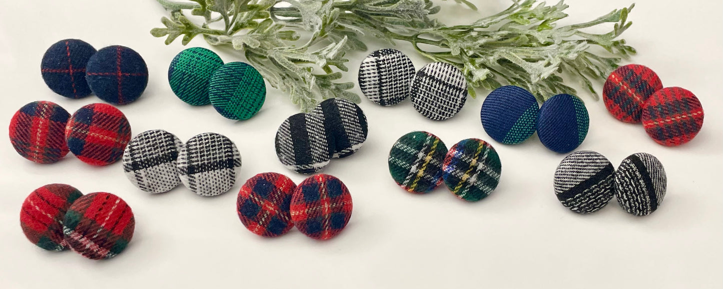 Button Earrings - Black & White Plaid