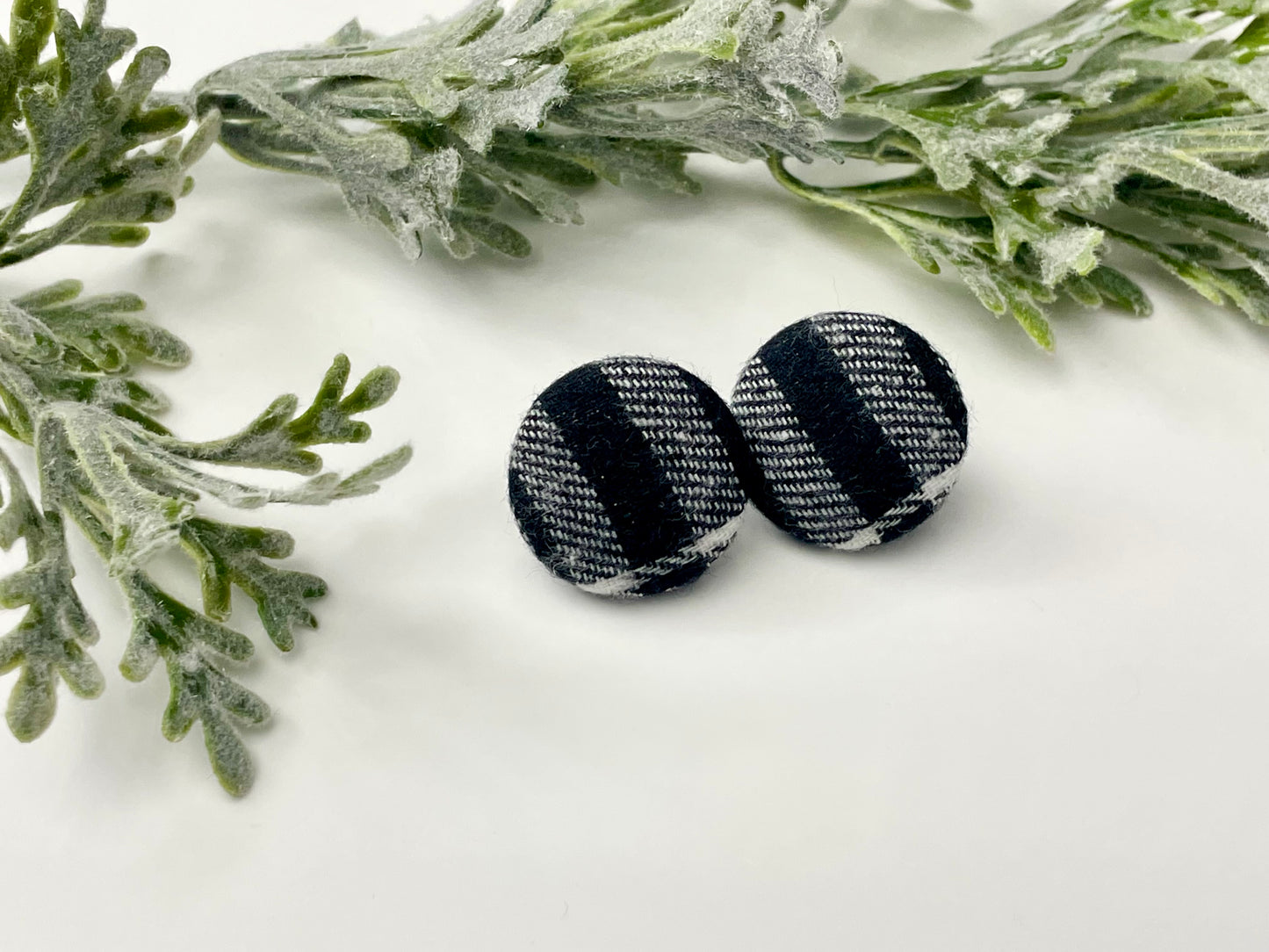 Button Earrings - Black & White Plaid