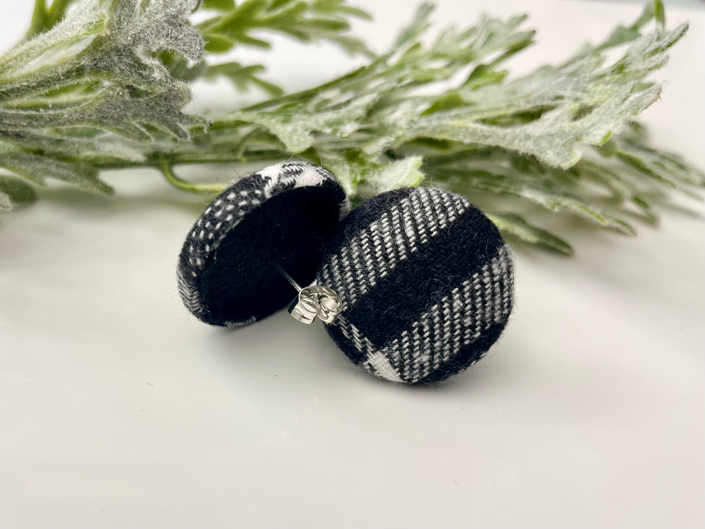 Button Earrings - Black & White Plaid