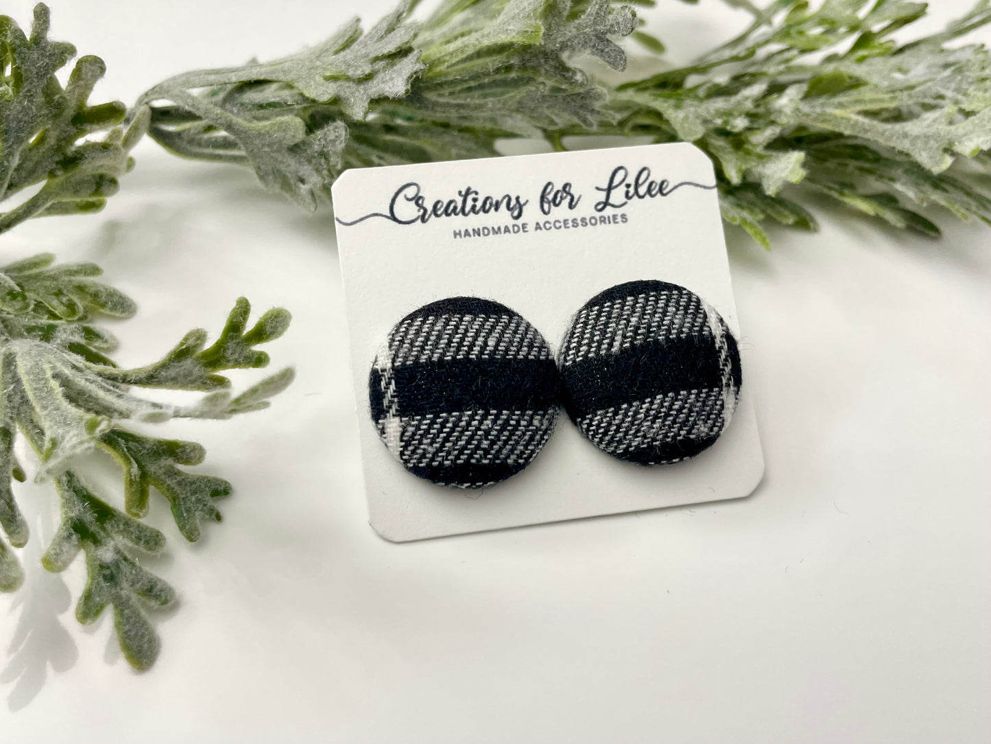 Button Earrings - Black & White Plaid