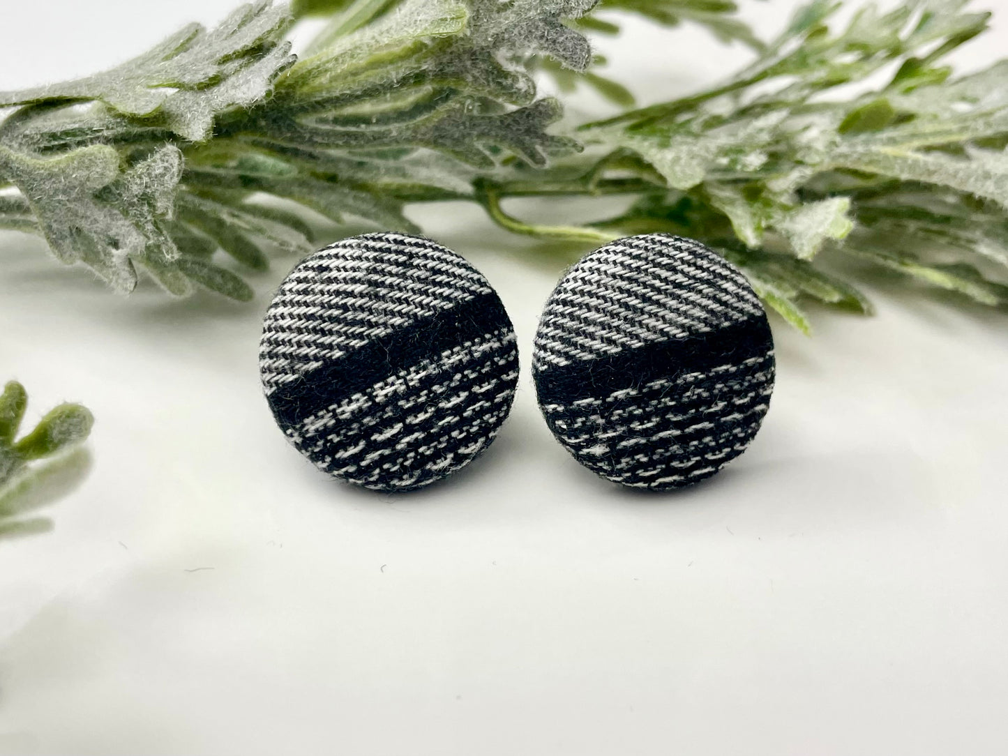 Button Earrings - Black & White Plaid