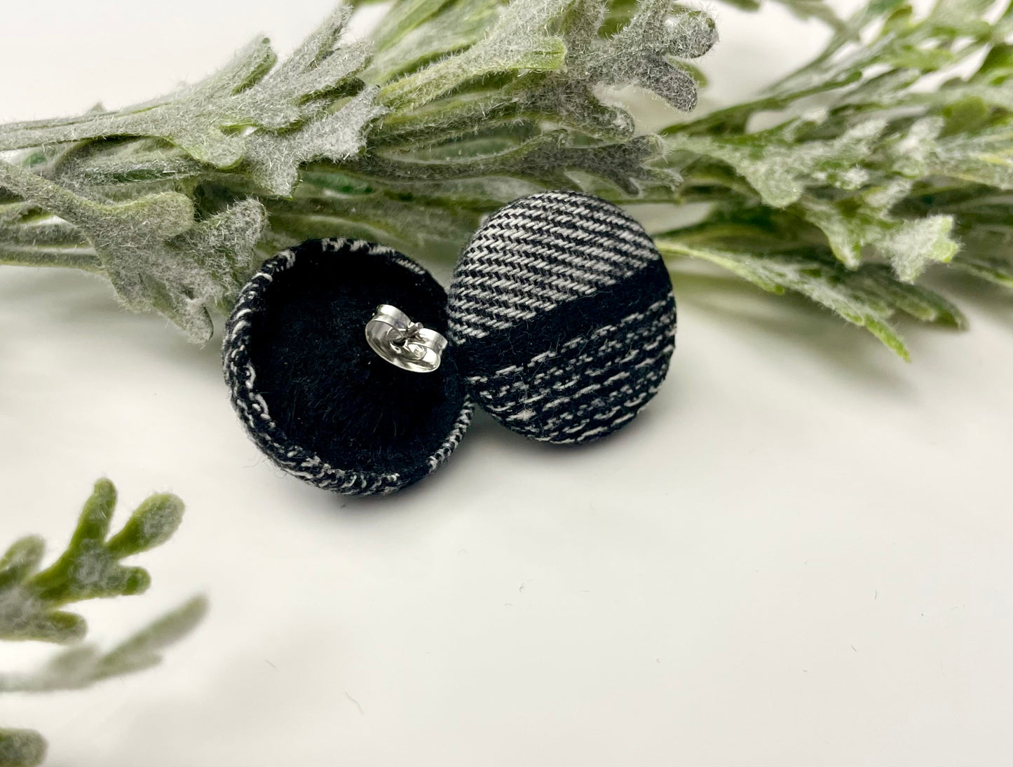 Button Earrings - Black & White Plaid