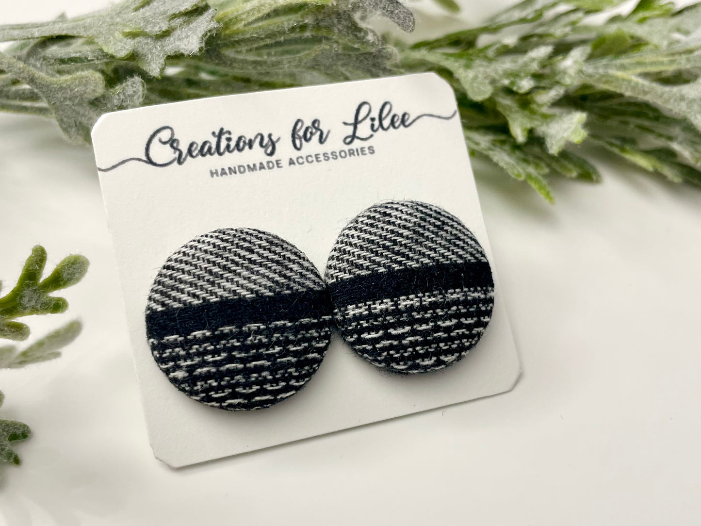 Button Earrings - Black & White Plaid