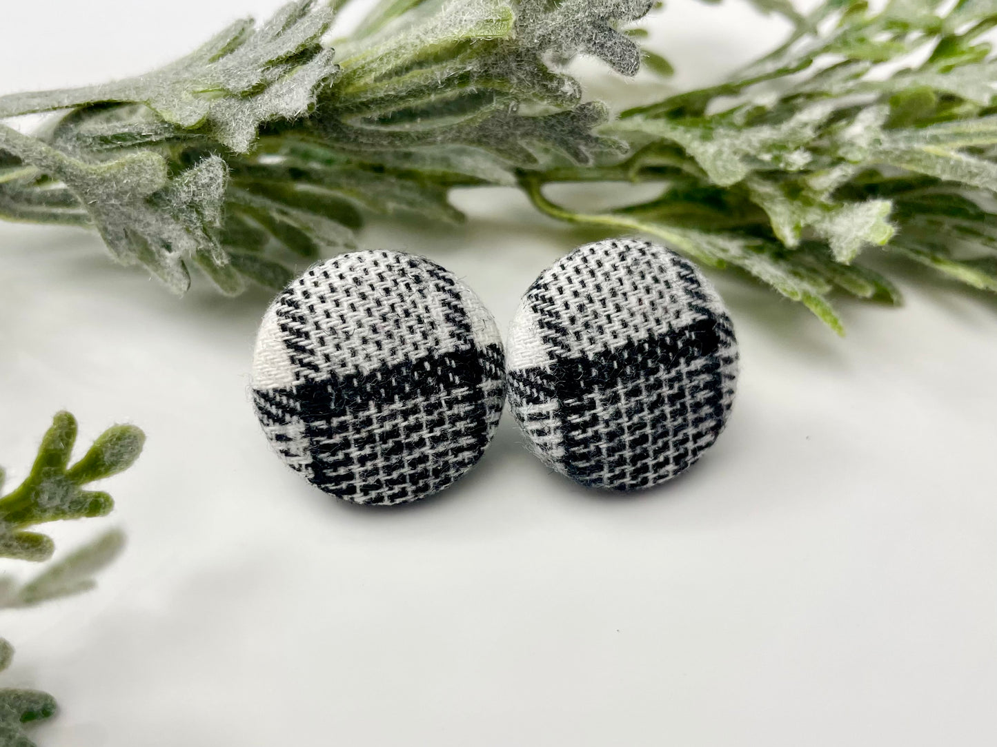 Button Earrings - Black & White Plaid