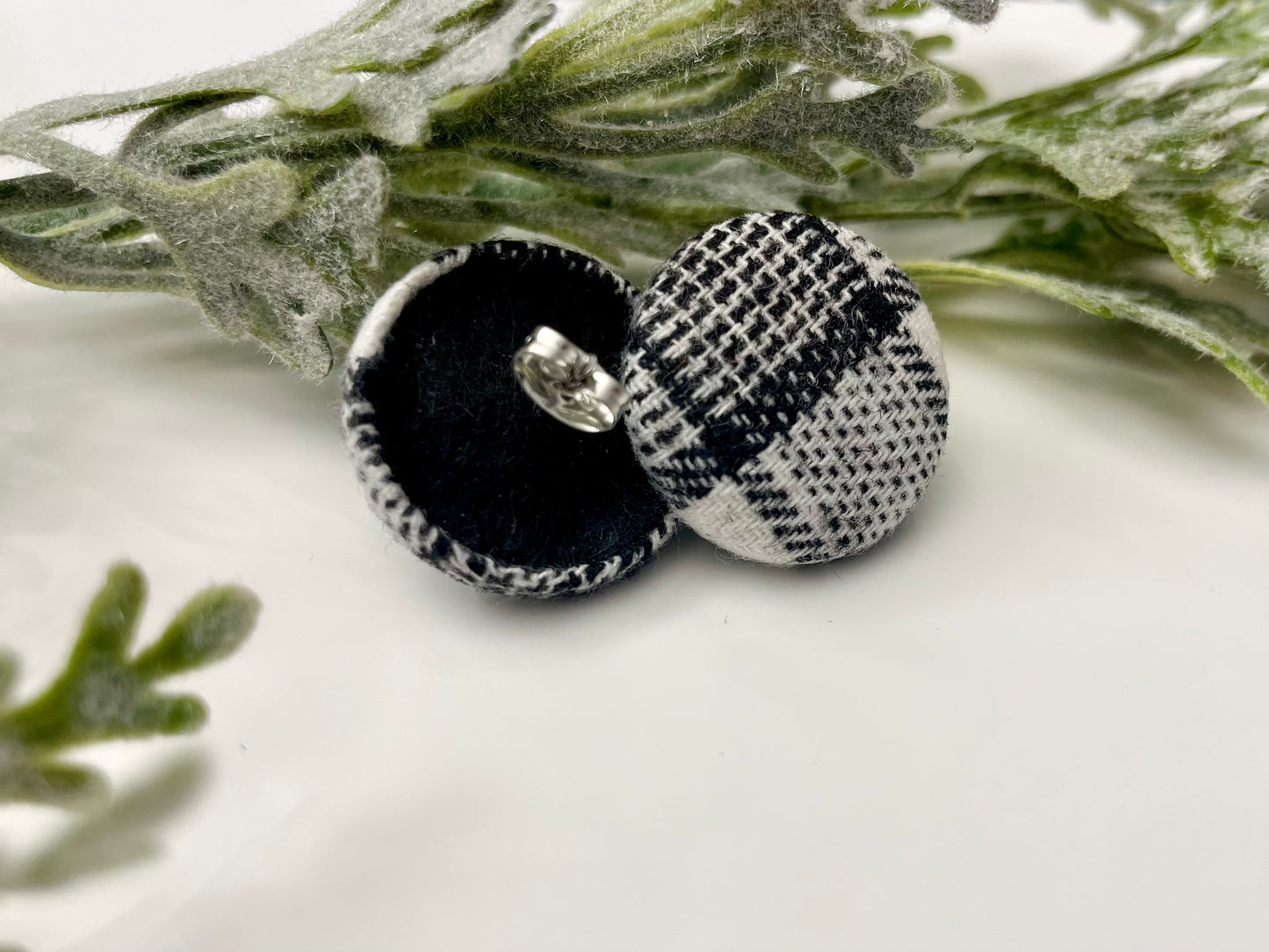 Button Earrings - Black & White Plaid