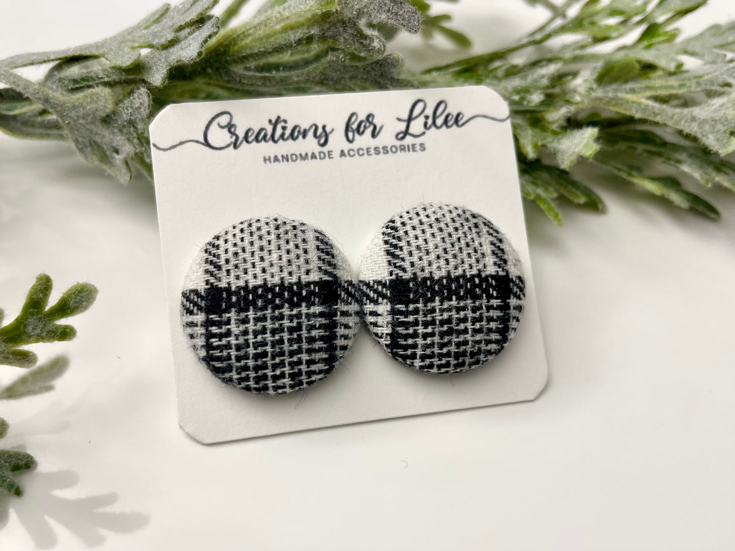 Button Earrings - Black & White Plaid