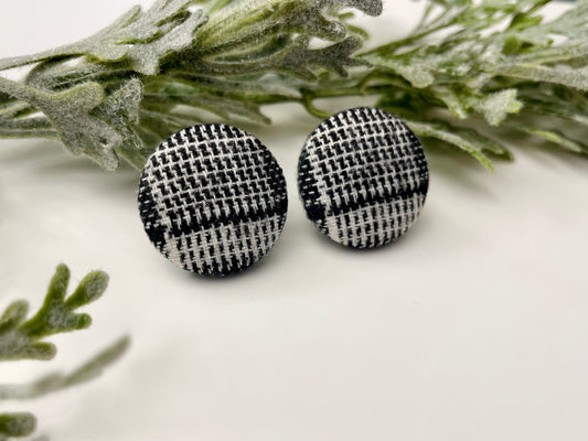 Button Earrings - Black & White Plaid