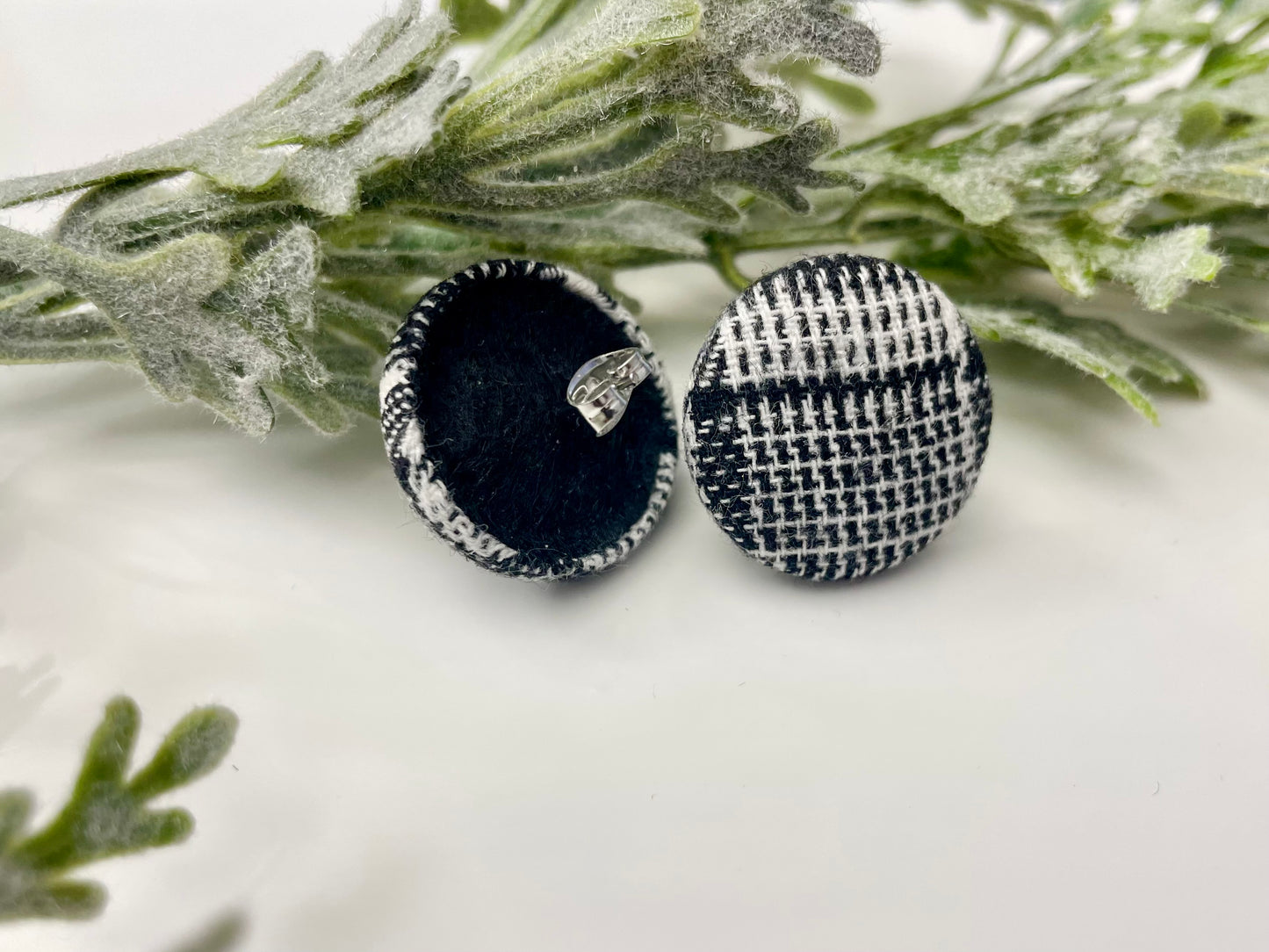 Button Earrings - Black & White Plaid