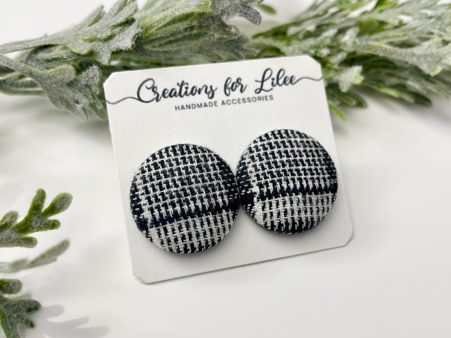 Button Earrings - Black & White Plaid