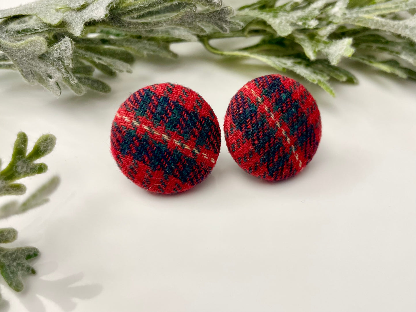 Button Earrings - Red Plaid