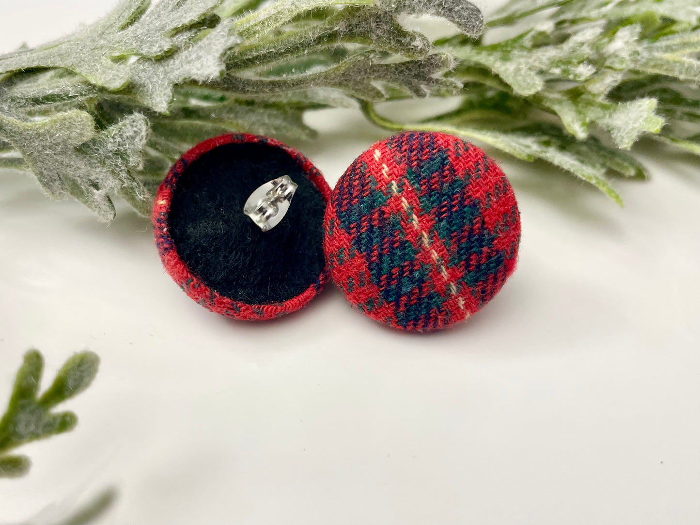 Button Earrings - Red Plaid