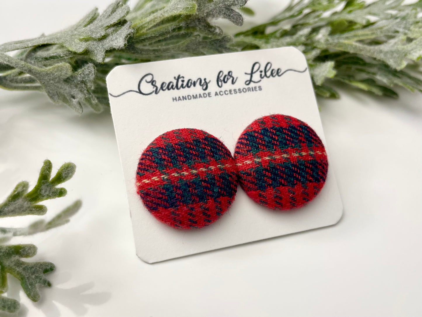 Button Earrings - Red Plaid