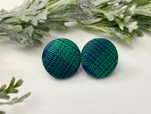 Button Earrings - Green & Navy Plaid