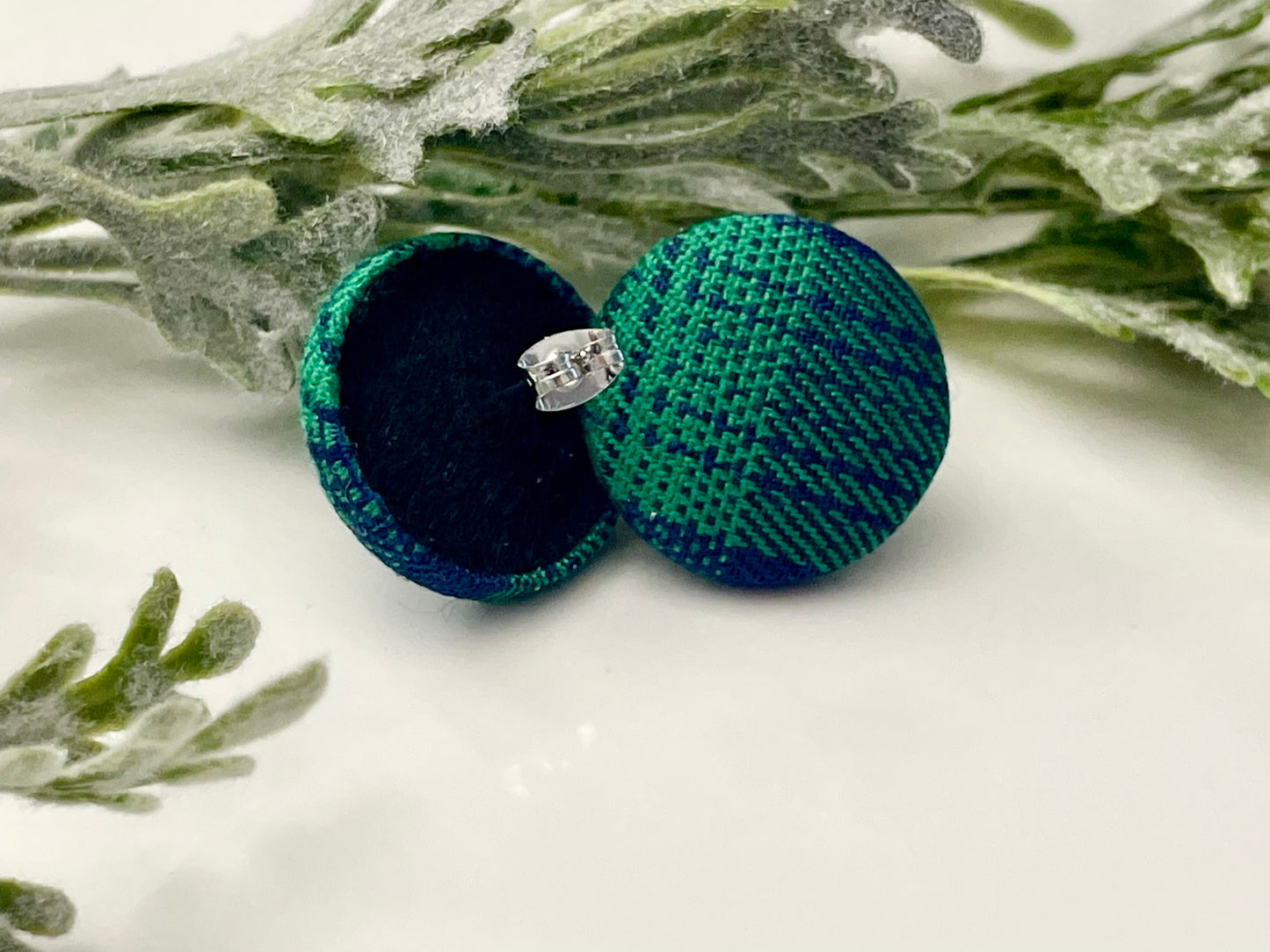 Button Earrings - Green & Navy Plaid