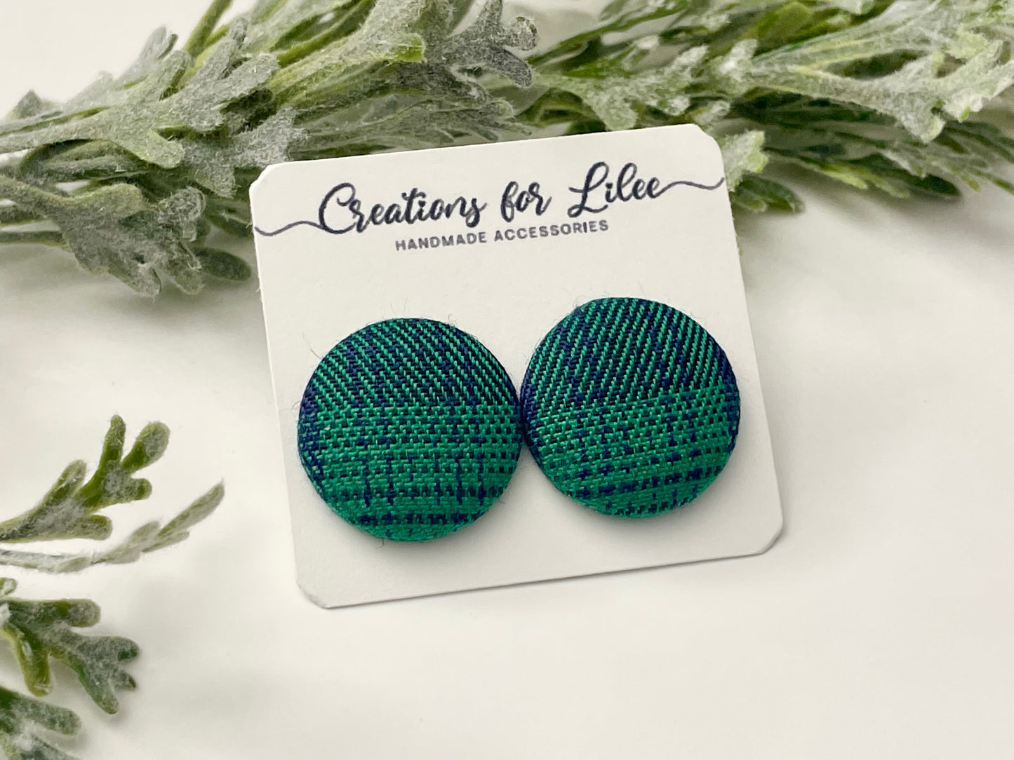 Button Earrings - Green & Navy Plaid