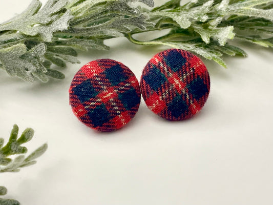 Button Earrings - Red & Navy Plaid