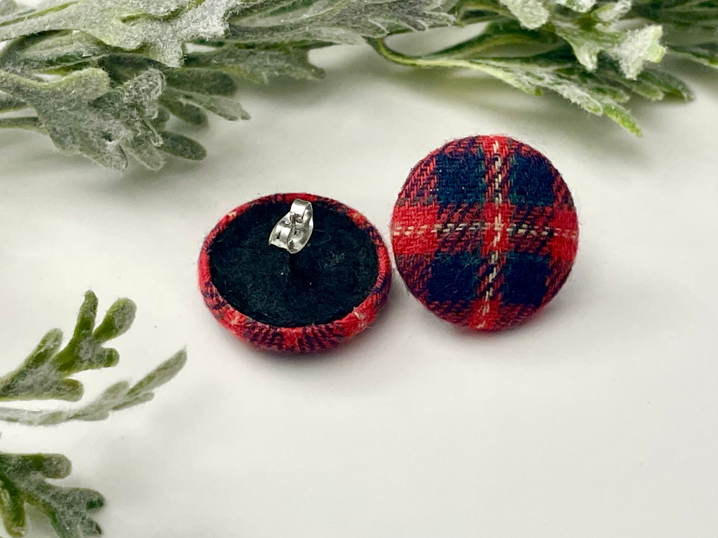 Button Earrings - Red & Navy Plaid