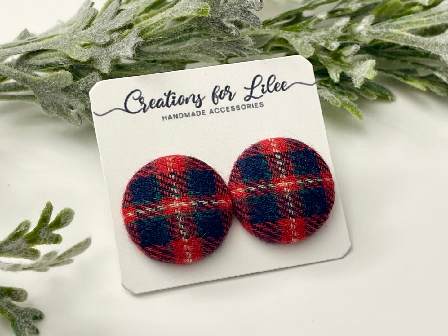 Button Earrings - Red & Navy Plaid