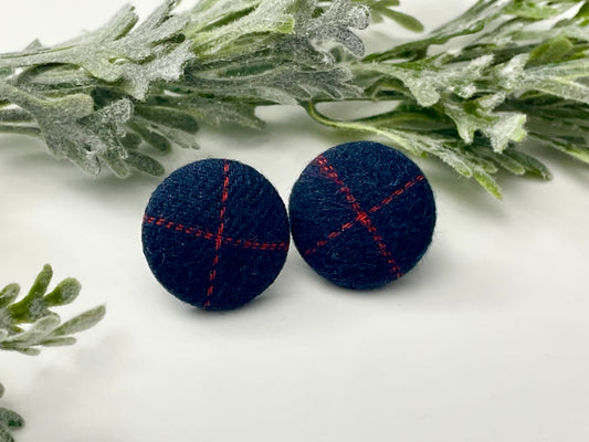 Button Earrings - Navy & Red Plaid