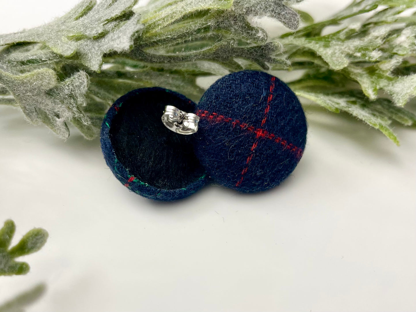 Button Earrings - Navy & Red Plaid