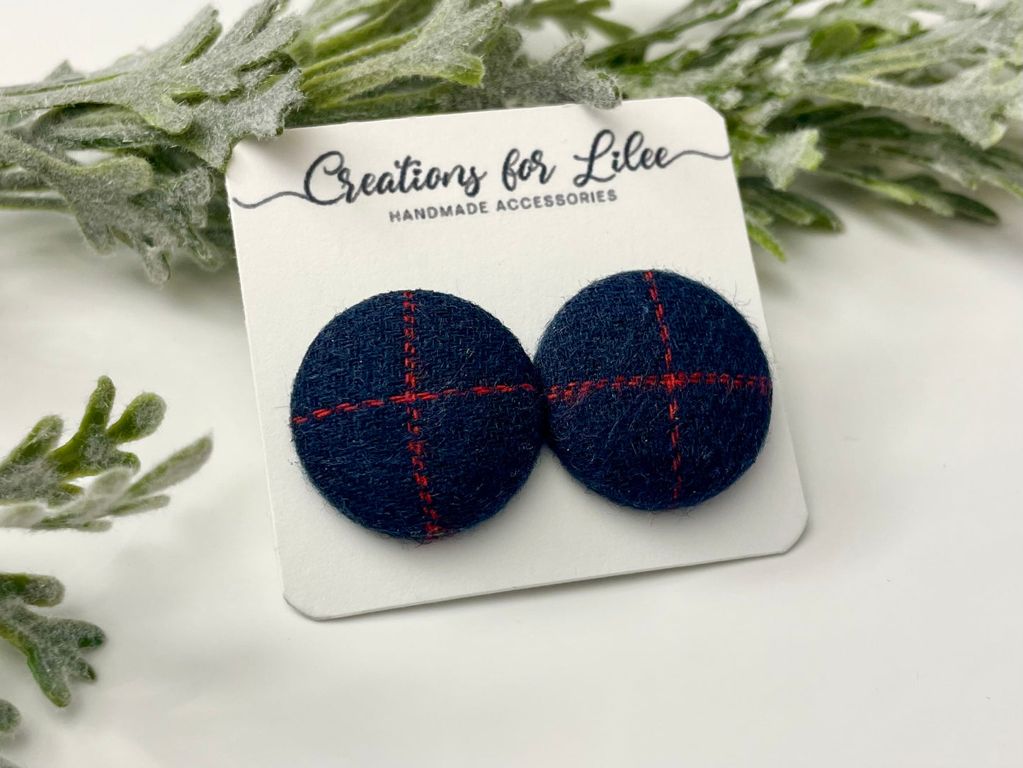 Button Earrings - Navy & Red Plaid