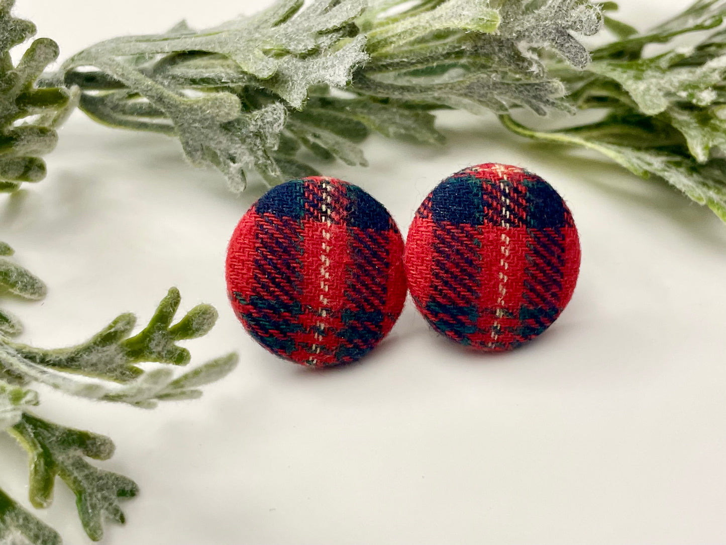 Button Earrings - Red & Navy Plaid