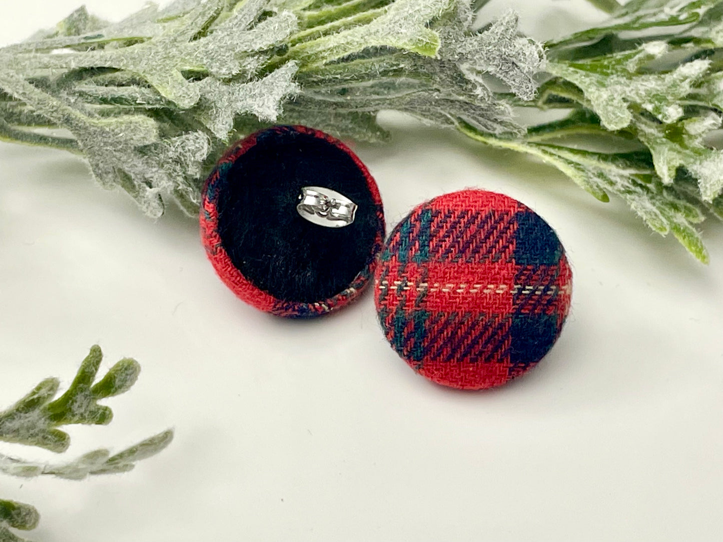 Button Earrings - Red & Navy Plaid