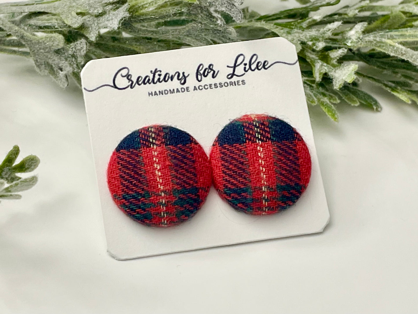 Button Earrings - Red & Navy Plaid