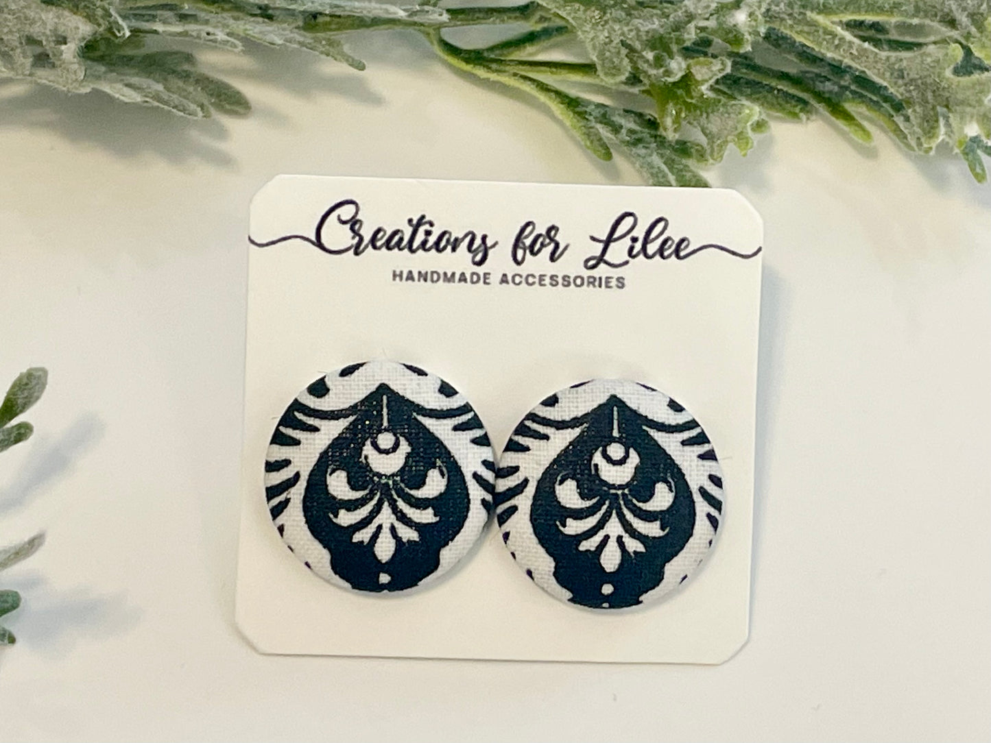 Button Earrings - Black & White Demask Pattern