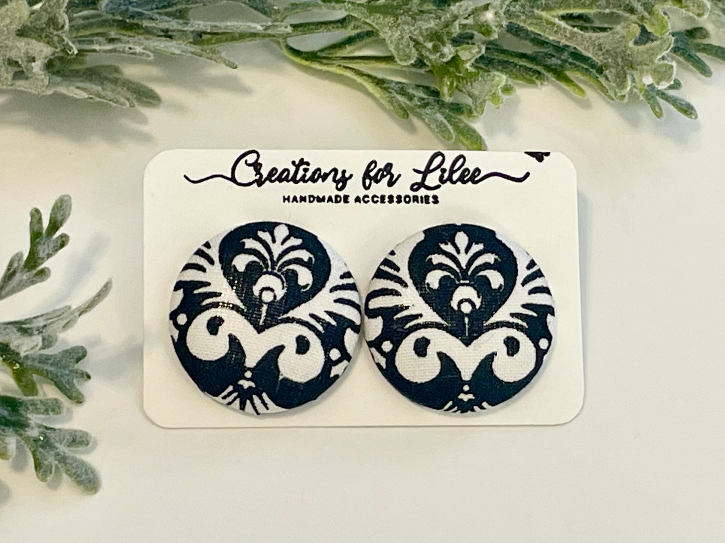 Button Earrings - Black & White Demask Pattern