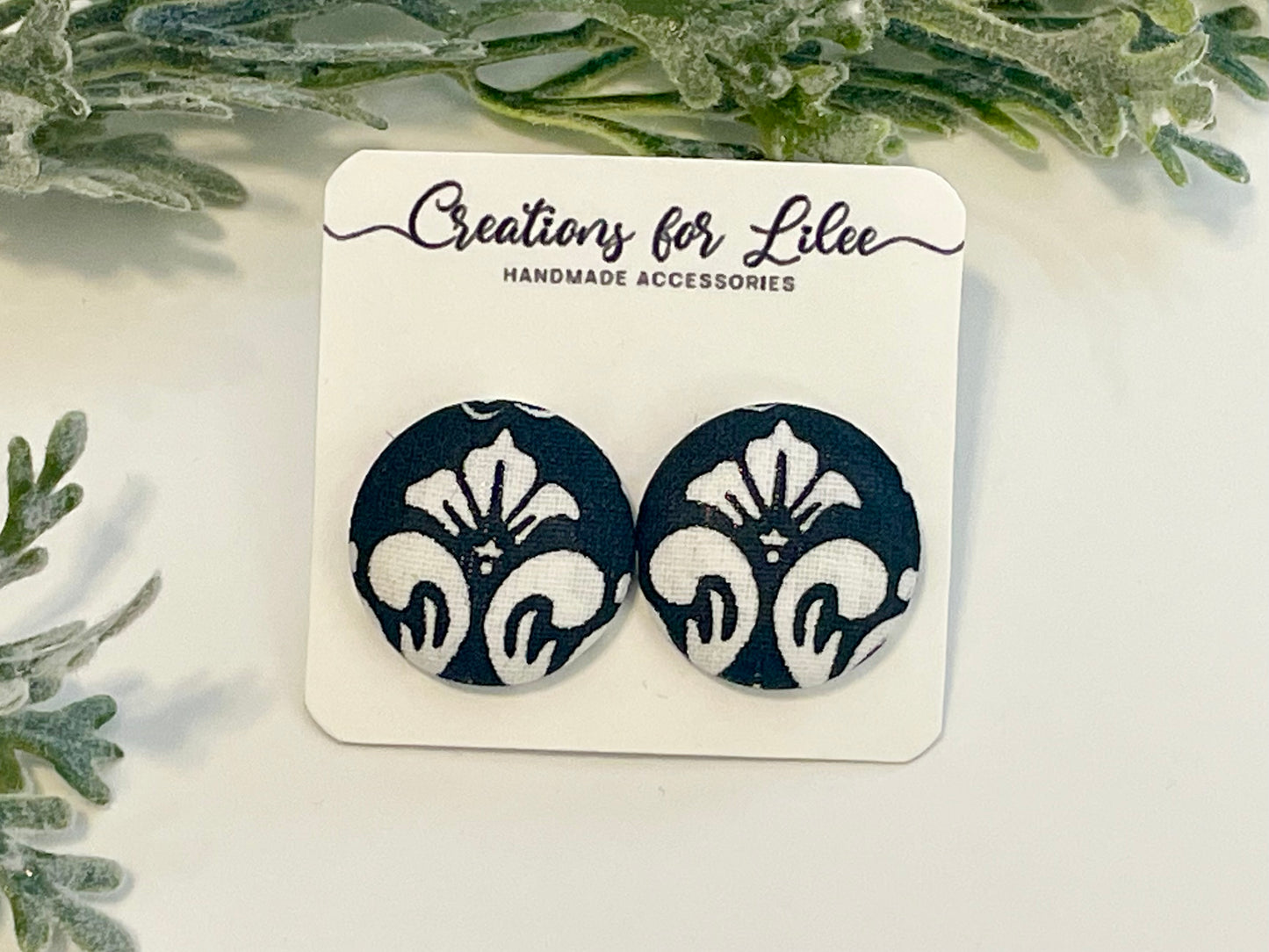 Button Earrings - Black & White Demask Pattern