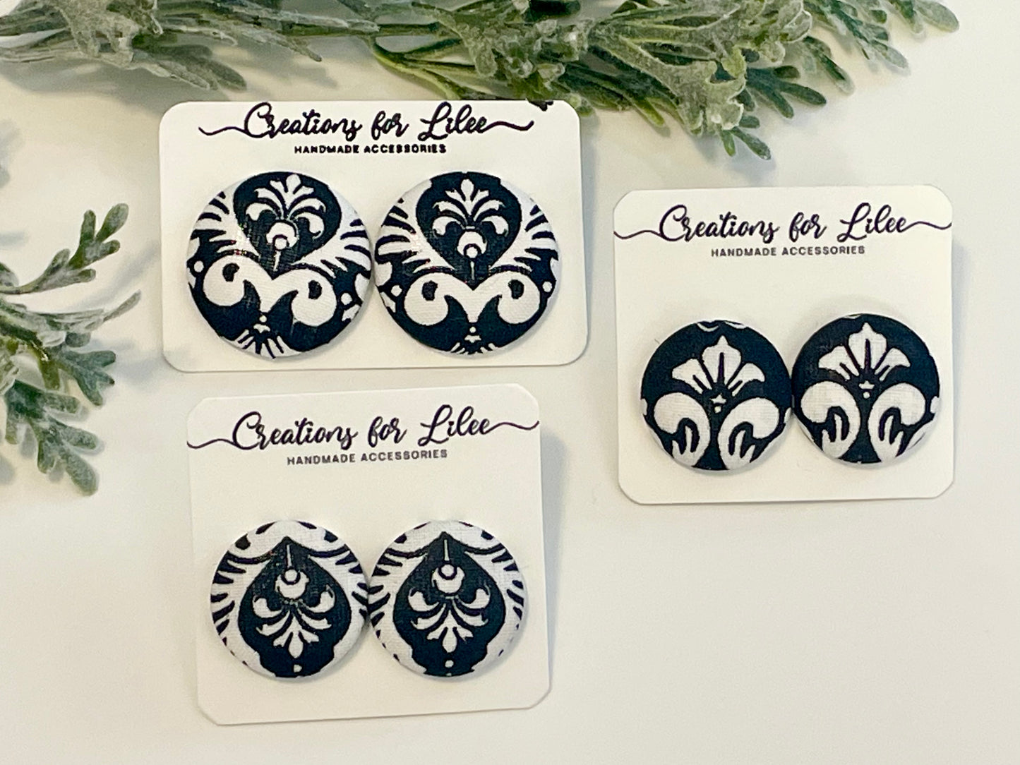 Button Earrings - Black & White Demask Pattern