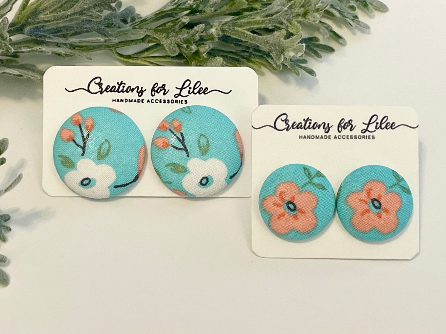 Button Earrings - Blue Floral