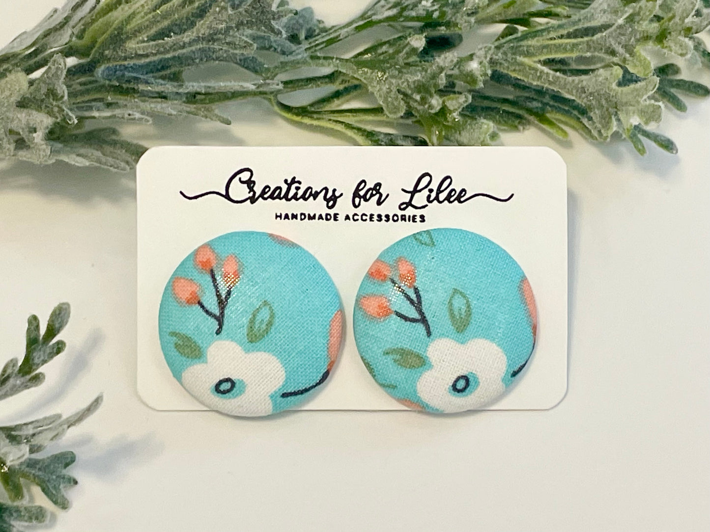 Button Earrings - Blue Floral