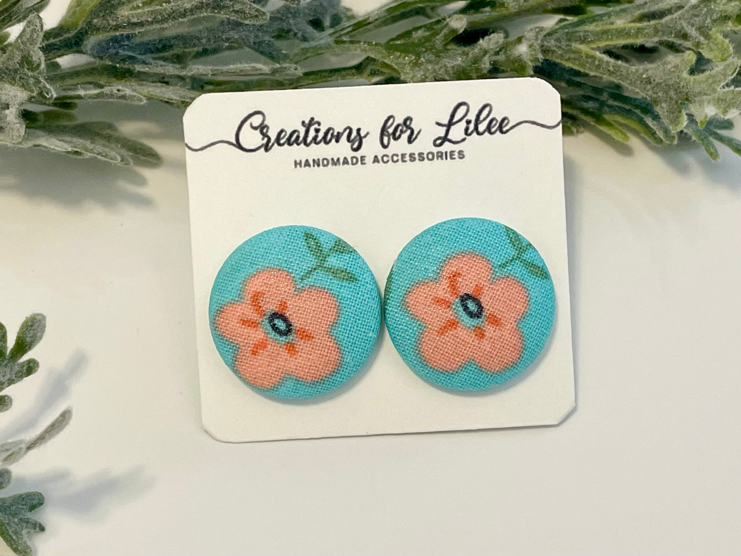 Button Earrings - Blue Floral