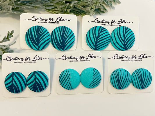 Button Earrings - Teal & Navy Pattern