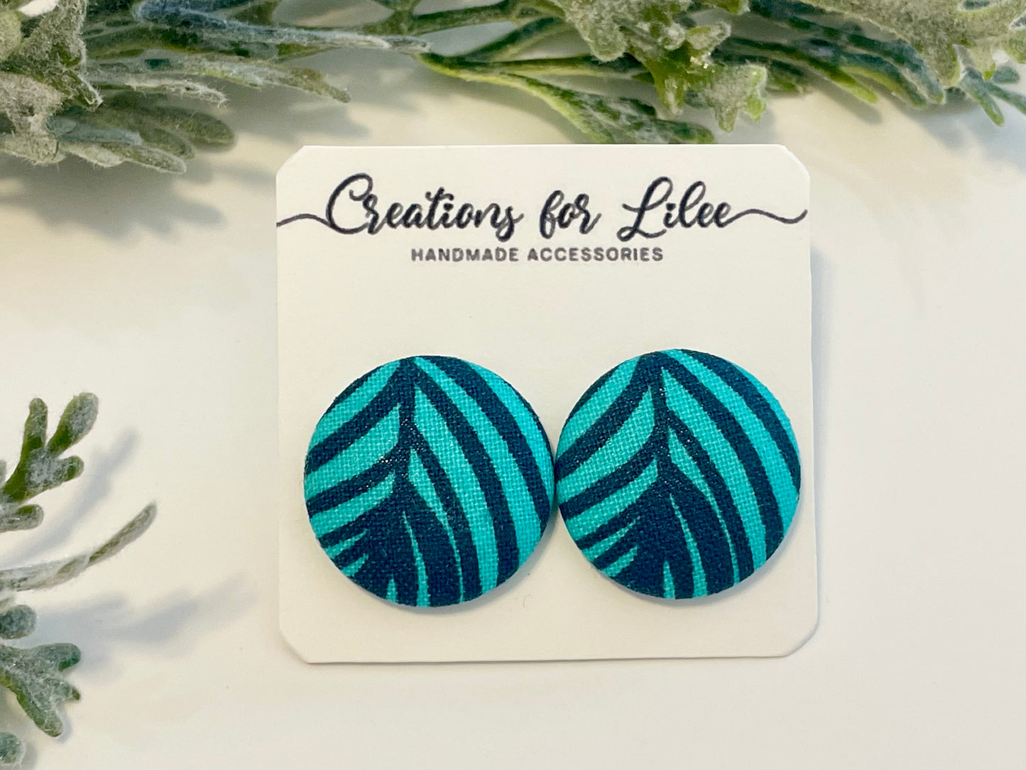 Button Earrings - Teal & Navy Pattern