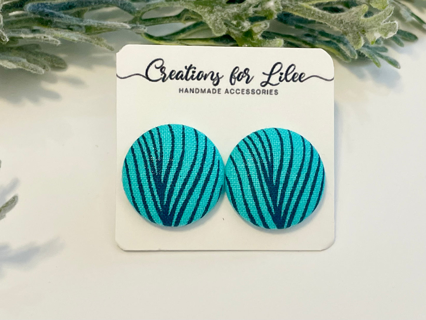 Button Earrings - Teal & Navy Pattern