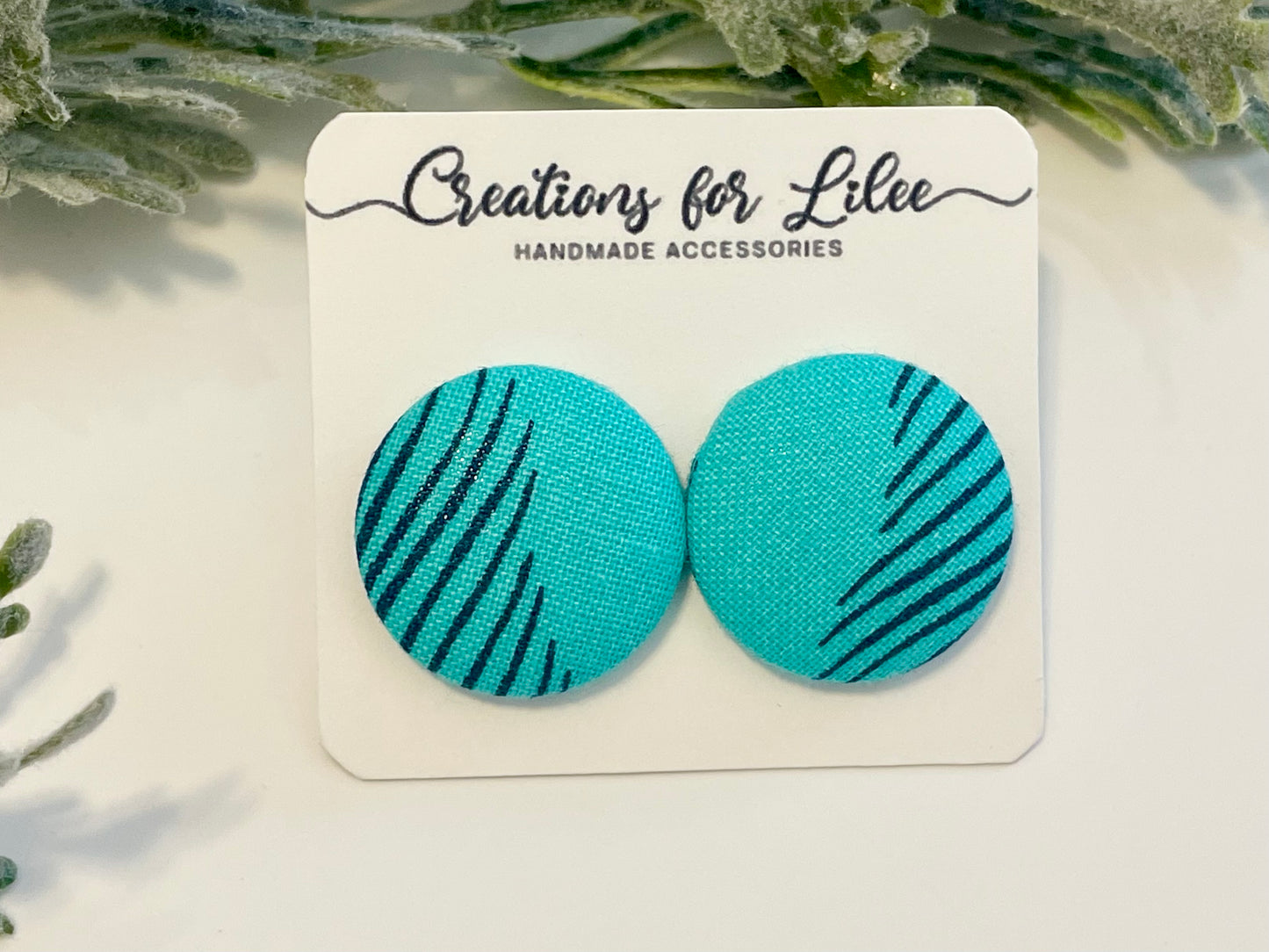 Button Earrings - Teal & Navy Pattern