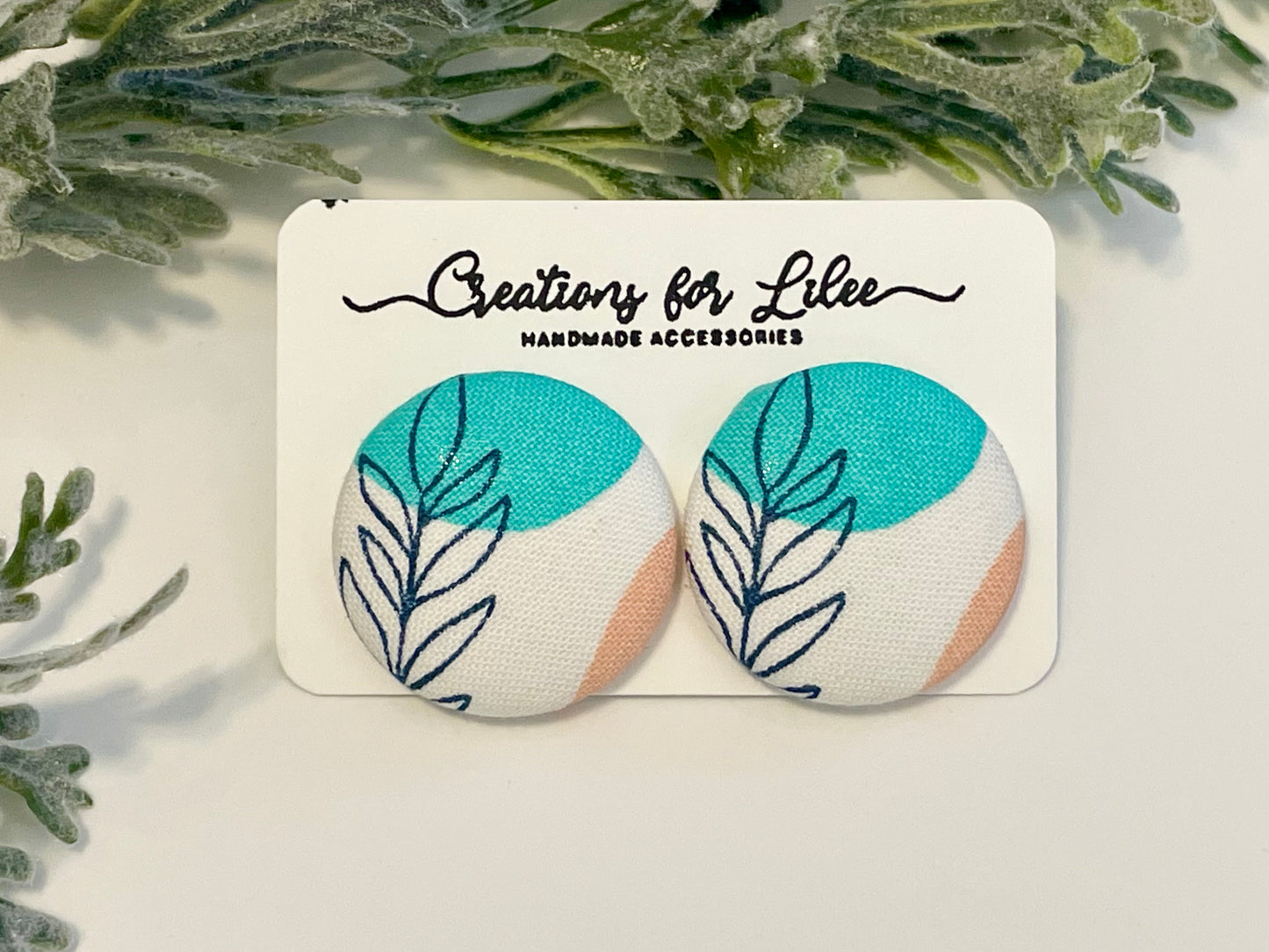 Button Earrings - Teal & Orange Leaf Pattern