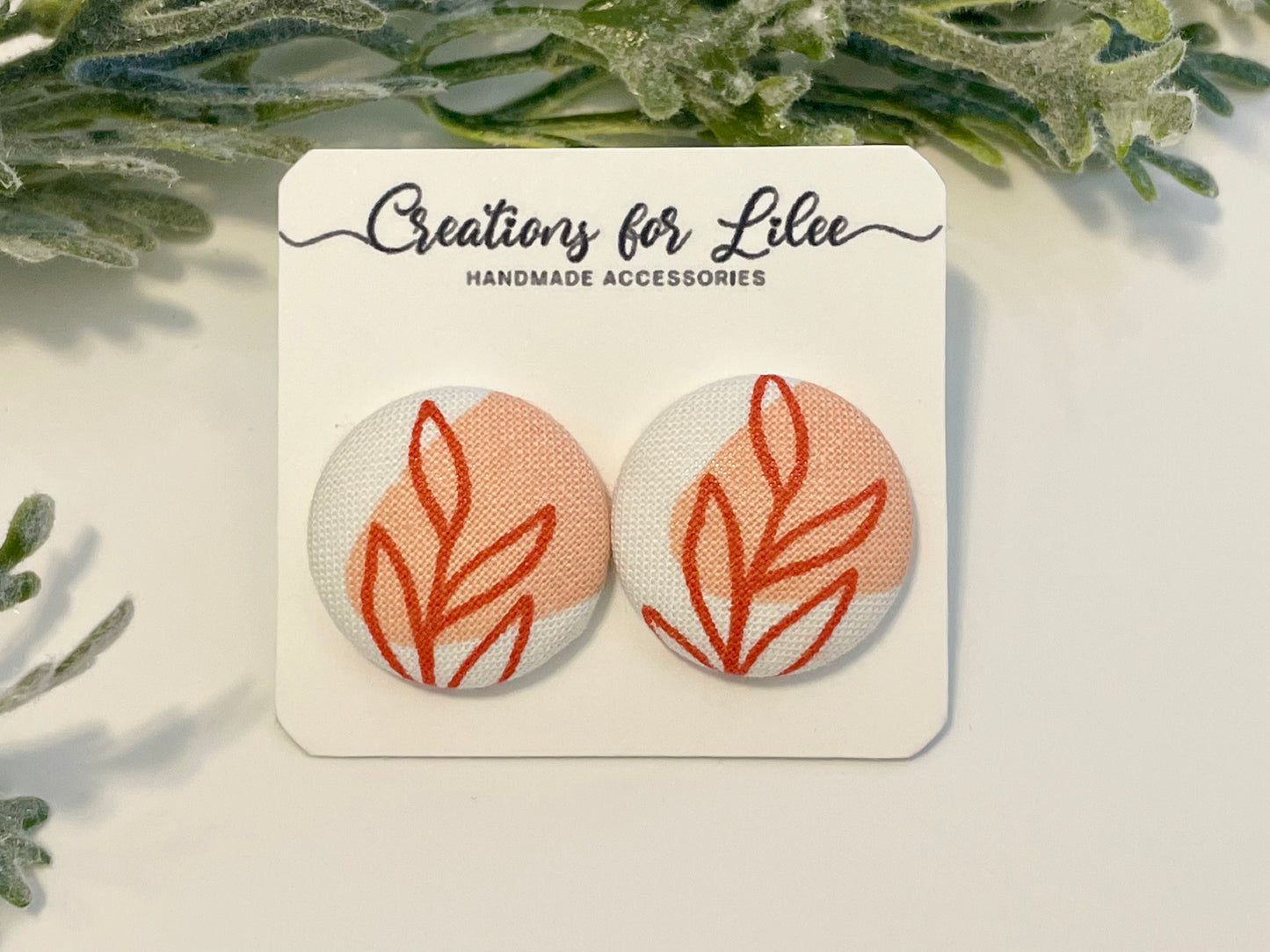 Button Earrings - Teal & Orange Leaf Pattern