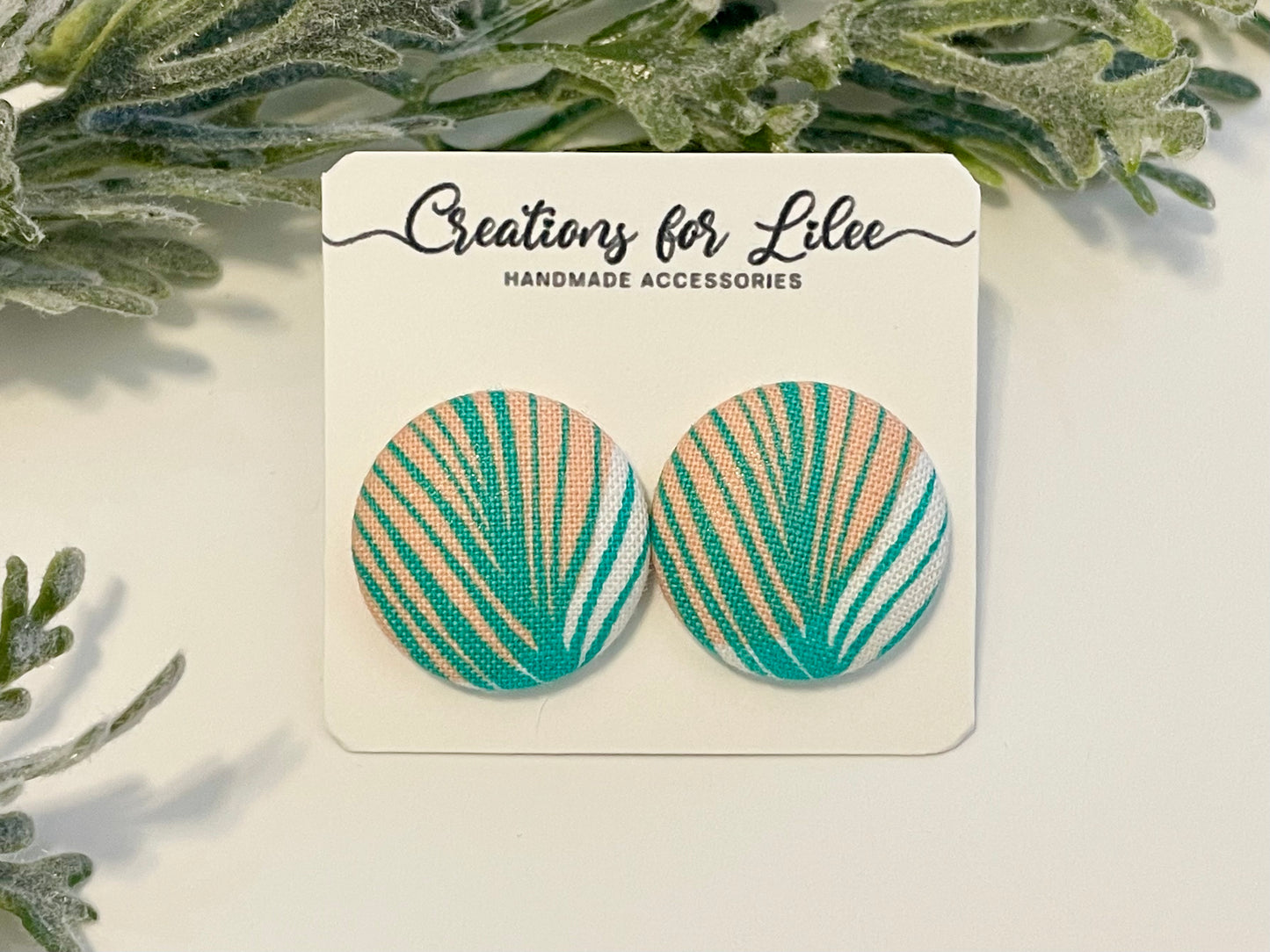 Button Earrings - Teal & Orange Leaf Pattern