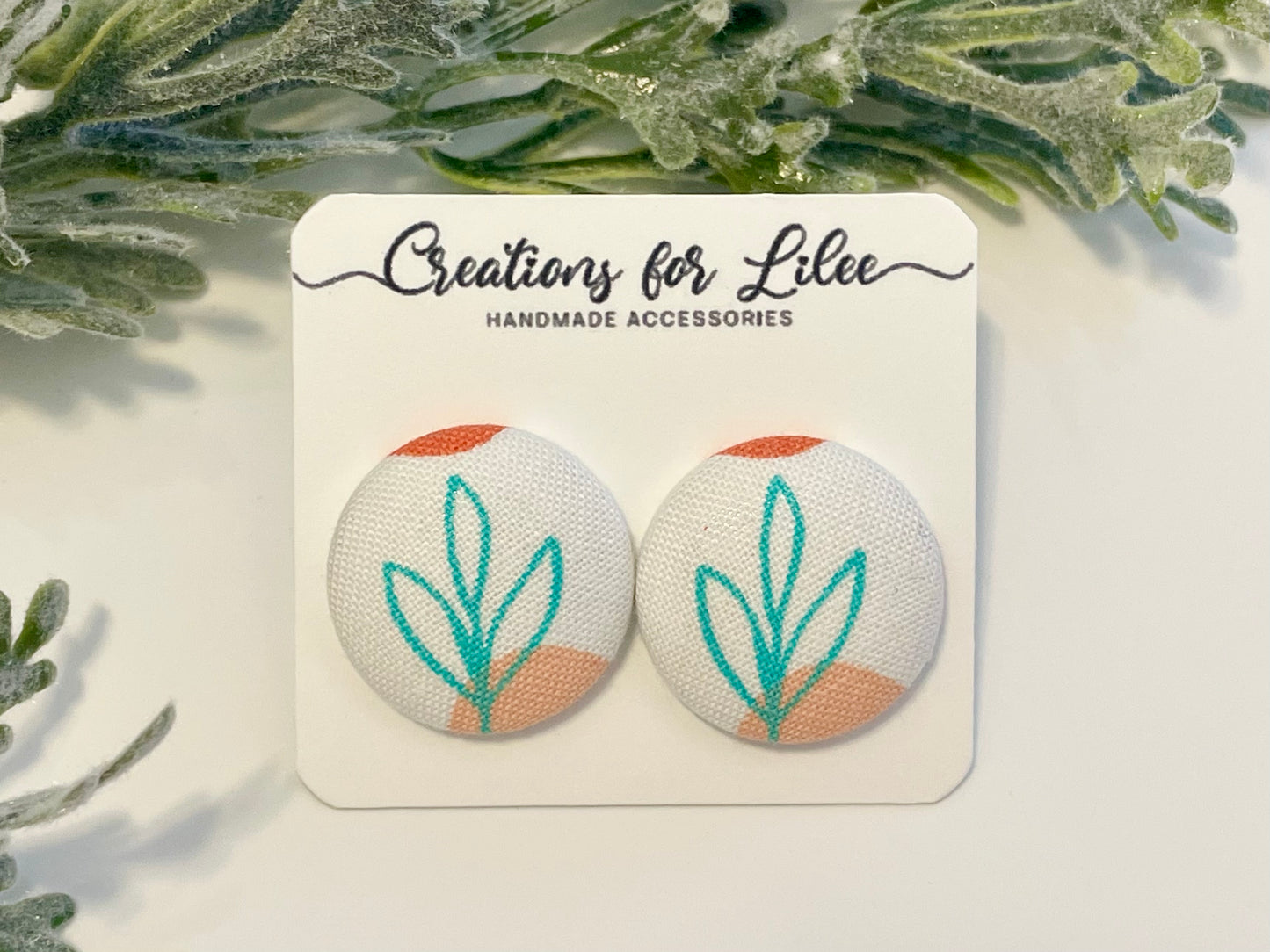 Button Earrings - Teal & Orange Leaf Pattern